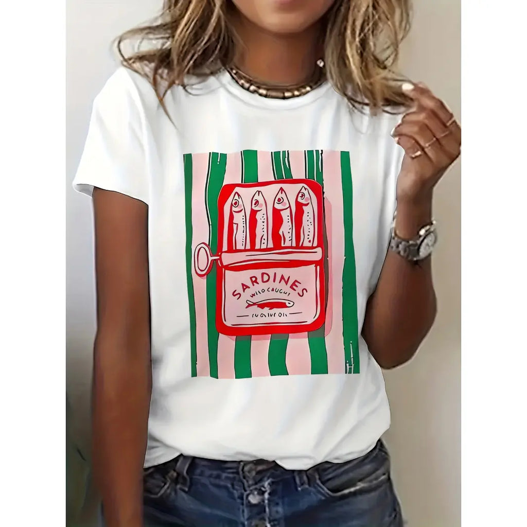 Women's Cotton Short-Sleeve Graphic Tee - Sardines Tin Art Print, Cartoon Style, Casual Everyday Wear