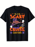 This Is My Scare Cruise Costume Funny Halloween Graphic Tee for Men Women, Ship Ghost Bat Short Sleeve T-Shirt, Casual Crew Neck Top for Cruise Lover Gift