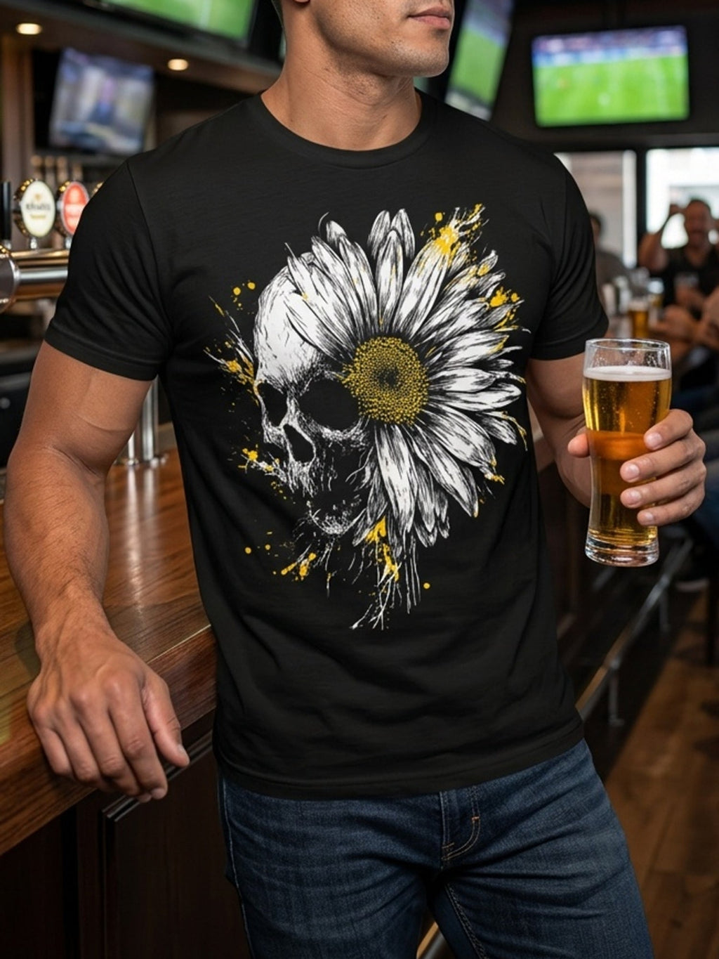 Skull Daisy Floral Art Gothic Graphic Tee for Men Women, Creepy Cute Flower Skeleton Short Sleeve T-Shirt, Casual Crew Neck Top for Halloween Gift