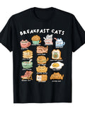 Breakfast Cats Funny Pun Kawaii Cat Food Lover Graphic Tee for Men Women, Cute Meow Ffin Cat Pancake Short Sleeve T-Shirt, Casual Crew Neck Top for Cat Lover Gift
