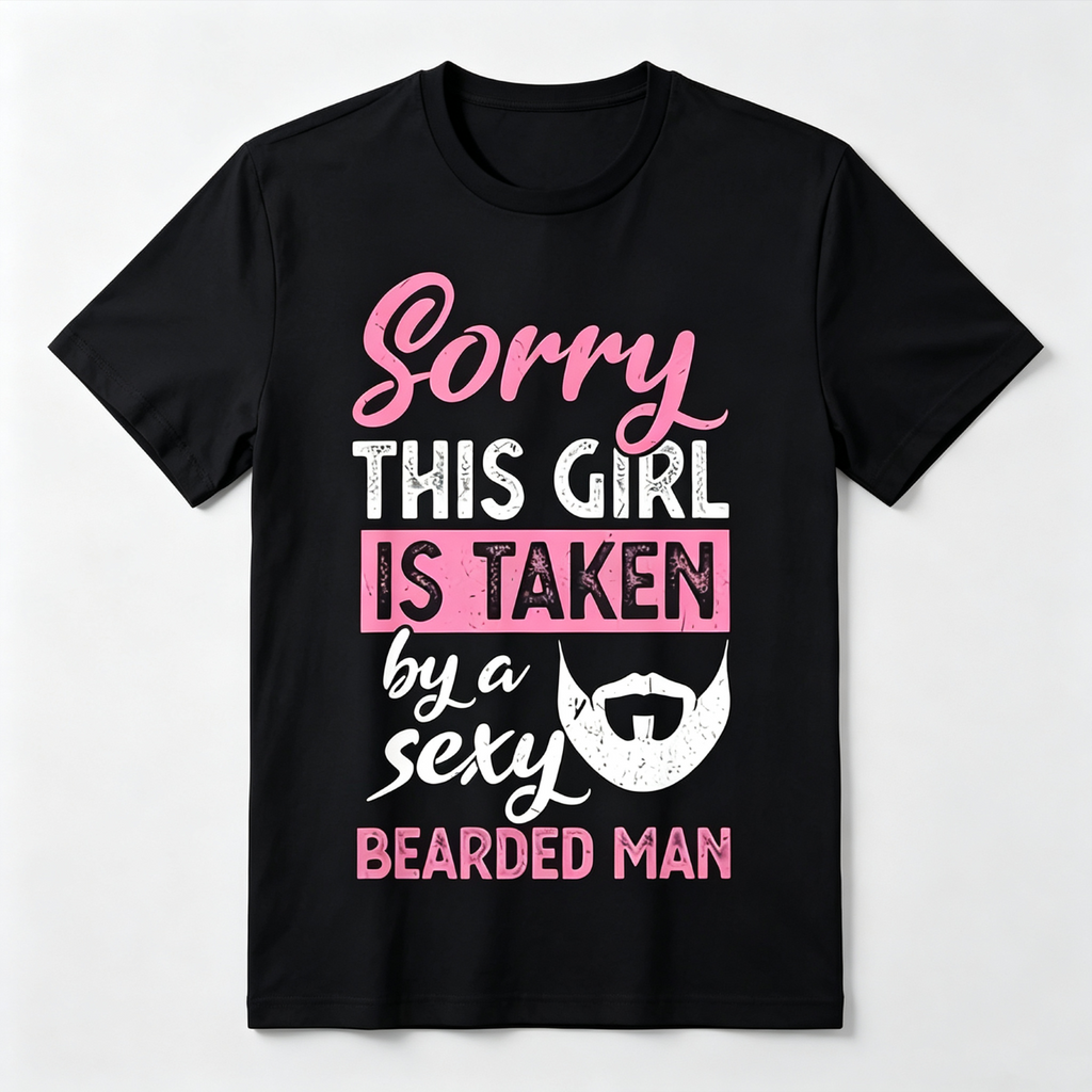 Sorry This Girl Is Taken By A Sexy Bearded Man Funny Couple Graphic Tee for Men Women, Romantic Humor Short Sleeve T-Shirt, Casual Crew Neck Top for Couple Gift