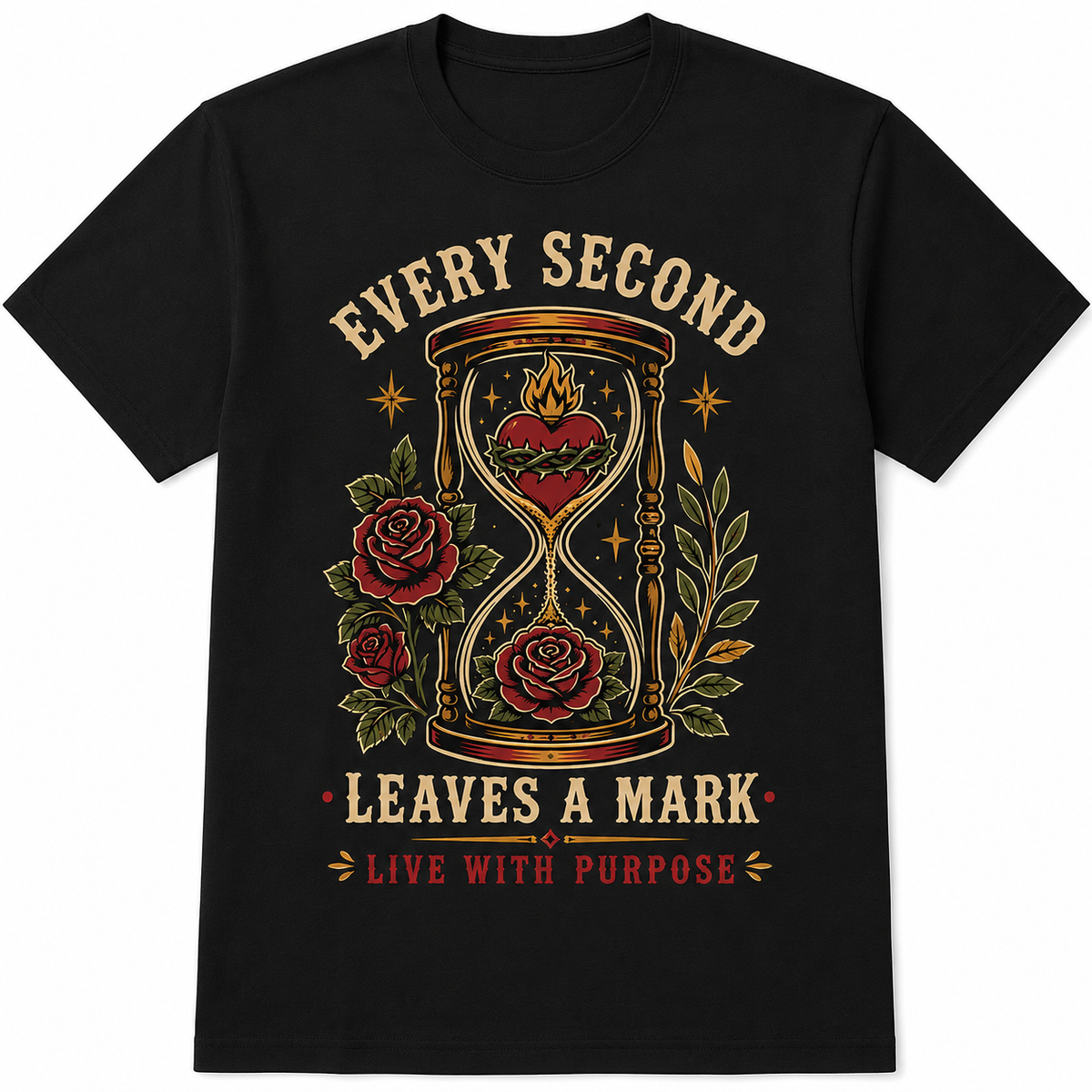 Vintage Hourglass Every Second Leaves Mark Gothic Tattoo Rose Retro Unisex Tee
