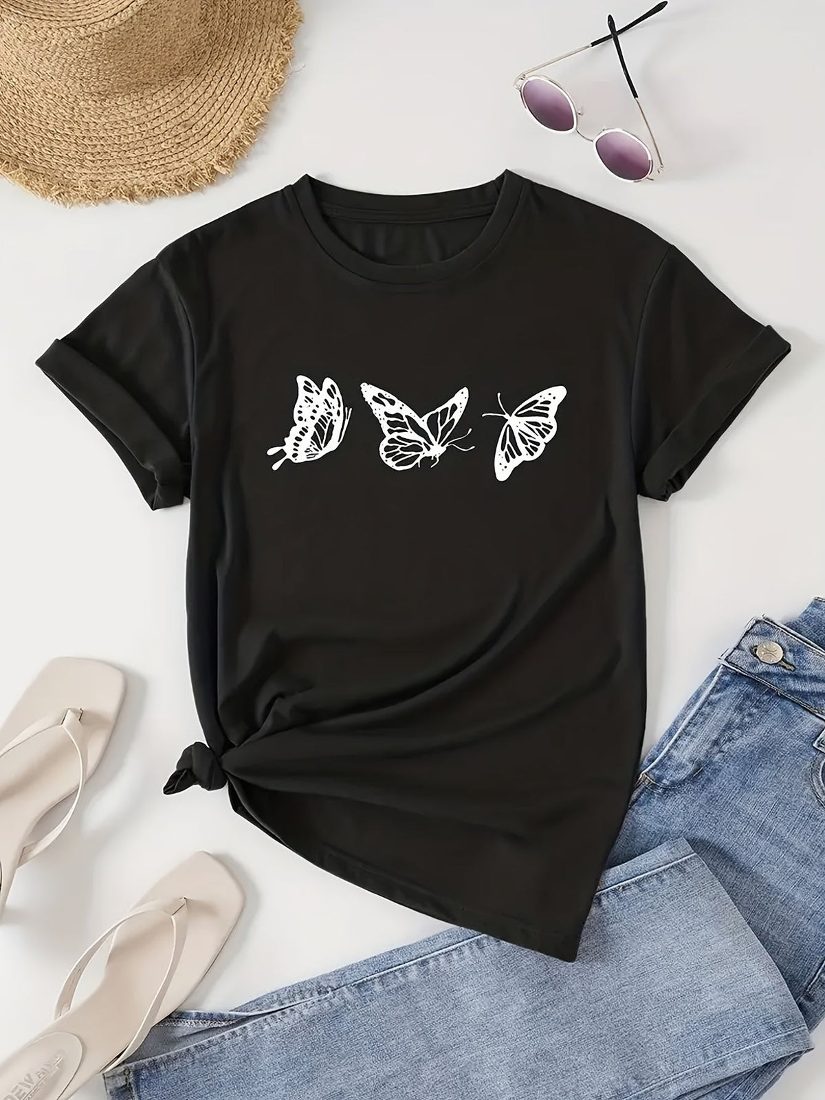 Butterfly Print Graphic Tee for Women, Cute Nature Inspired Spring Summer Short Sleeve T-Shirt, Breathable Soft Casual Round Neck Top for Daily Wear