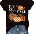Vintage Country Fall Pumpkin Graphic Tee, Women It's Fall Y'all Leopard Plaid Print Lightweight Short Sleeve Top, Cute Autumn Thanksgiving Holiday Gift Shirt