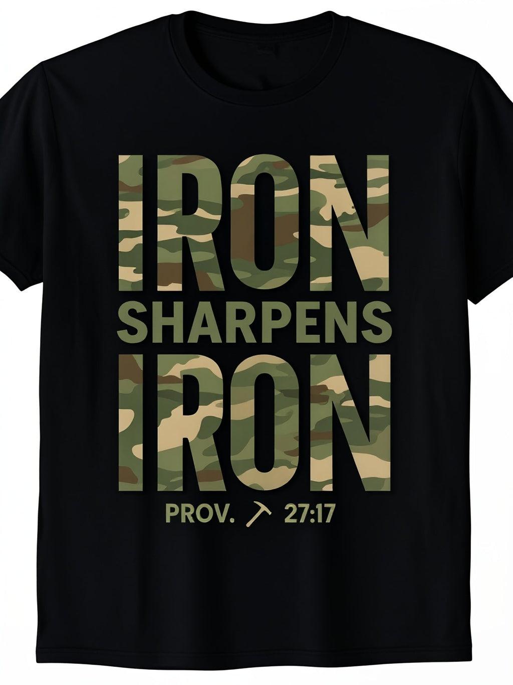 Iron Sharpens Iron Proverbs 27 17 Christian Graphic Tee for Men Women, Bible Verse Camo Short Sleeve T-Shirt, Casual Crew Neck Top for Church Gift