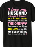 I Love My Husband Graphic Tee for Women, Romantic Quote Short Sleeve T-Shirt, Cute Love Heart Print Casual Crew Neck Top for Anniversary Birthday Wife Gift