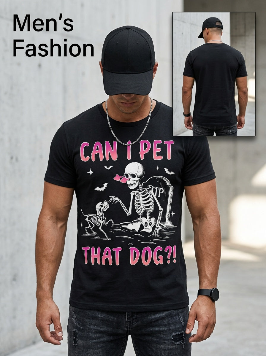 Can I Pet That Dog Funny Halloween Skeleton Graphic Tee for Men Women, Cute Spooky Dog Humor Short Sleeve T-Shirt, Casual Crew Neck Top for Pet Lover Gift