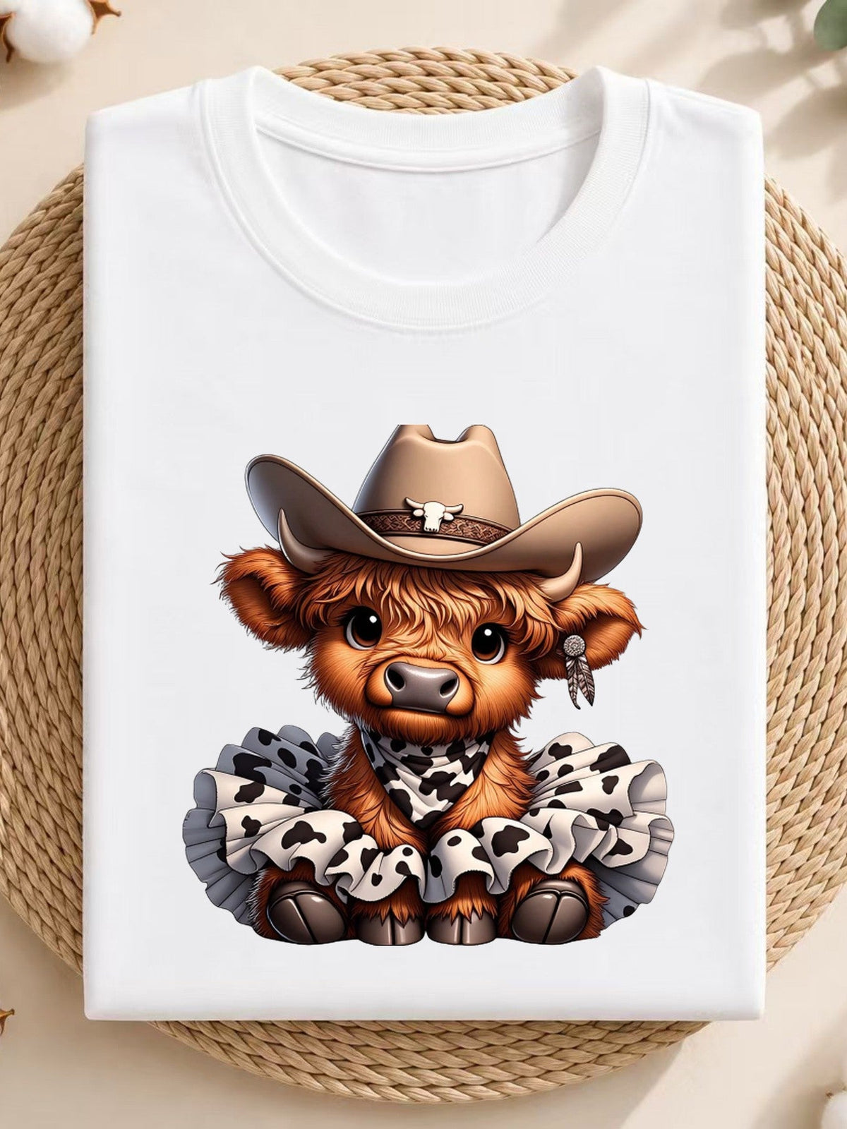 Cute Highland Cow In Cowboy Hat Cow Print Ruffle Collar Western Graphic Tee for Men Women, Country Farm Animal Short Sleeve T-Shirt, Casual Crew Neck Top for Cow Lover Gift
