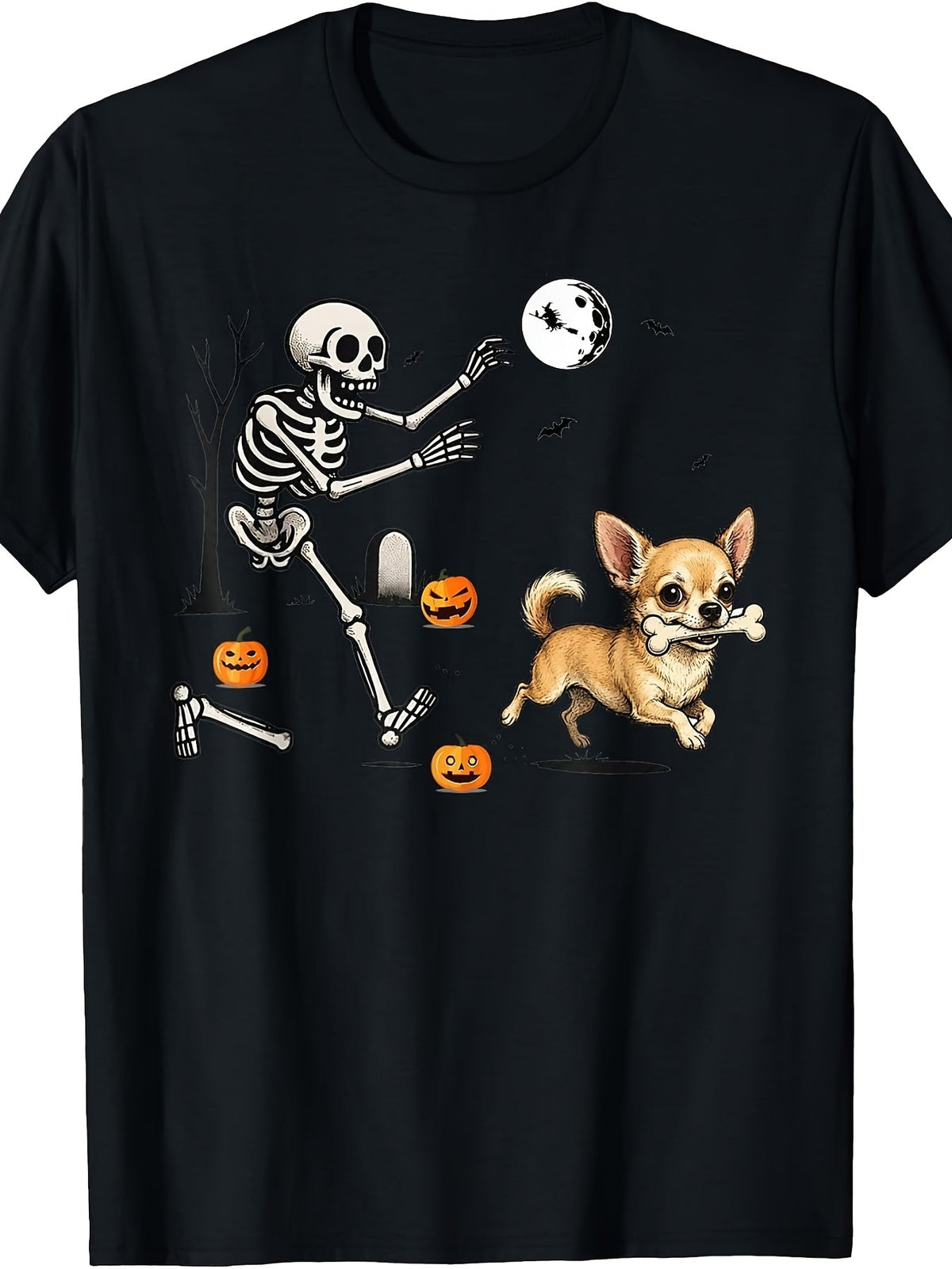 Funny Chihuahua Steals Skeleton Bone Halloween Dog Lover Graphic Tee for Men Women, Cute Trick Or Treat Short Sleeve T-Shirt, Casual Crew Neck Top for Chihuahua Owner Gift
