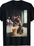 Funny Cool French Bulldog Iced Coffee Graphic T-Shirt, Unisex Cotton Crew Neck Short Sleeve Tee, Frenchie Casual Novelty Shirt, Gift For Dog And Coffee Lovers