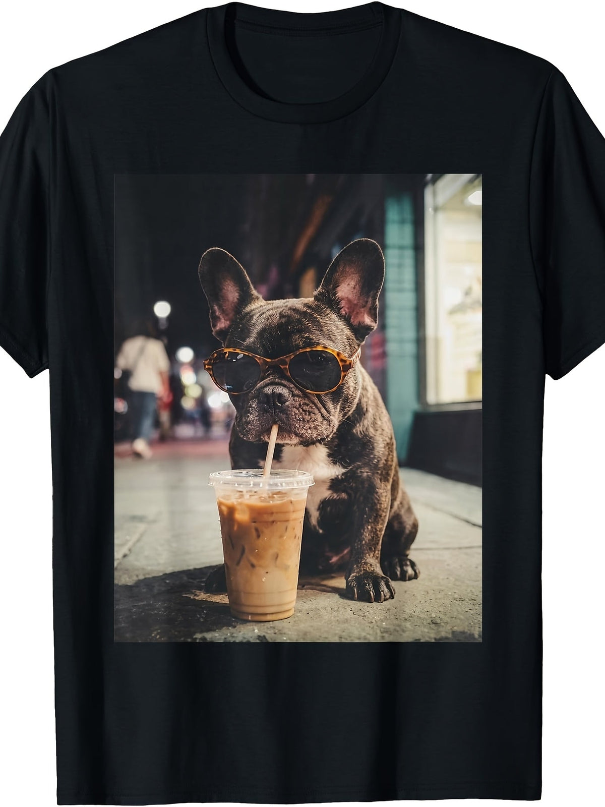 Funny Cool French Bulldog Iced Coffee Graphic T-Shirt, Unisex Cotton Crew Neck Short Sleeve Tee, Frenchie Casual Novelty Shirt, Gift For Dog And Coffee Lovers