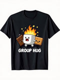Camping Food Group Hug Unisex T-Shirt, All Season Marshmallow Chocolate Graphic Top, Casual Daily Apparel For Outdoor Lovers Dessert Fans And Cartoon Humor Enthusiasts