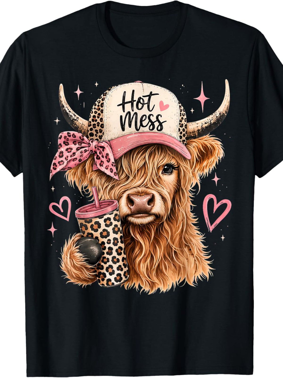 Hot Mess Highland Cow Graphic Short Sleeve T-Shirt, Unisex Cotton Crew Neck Tee, Cute Leopard Print Cow Coffee Lover Design, Casual Novelty Gift For Men And Women
