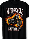 Motorcycle Is My Therapy Funny Cool Biker Graphic Tee for Men Women, Cute Rider Motorbike Short Sleeve T-Shirt, Casual Crew Neck Top for Motorcycle Lover Gift
