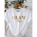 Womens Graphic Tee Short Sleeve Crewneck Relaxed Fit Soft Cotton Casual Summer Top Streetwear Travel Outfit Milano Italy Letter Print Shirt