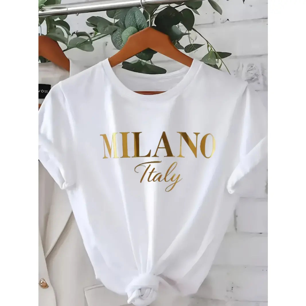 Womens Graphic Tee Short Sleeve Crewneck Relaxed Fit Soft Cotton Casual Summer Top Streetwear Travel Outfit Milano Italy Letter Print Shirt