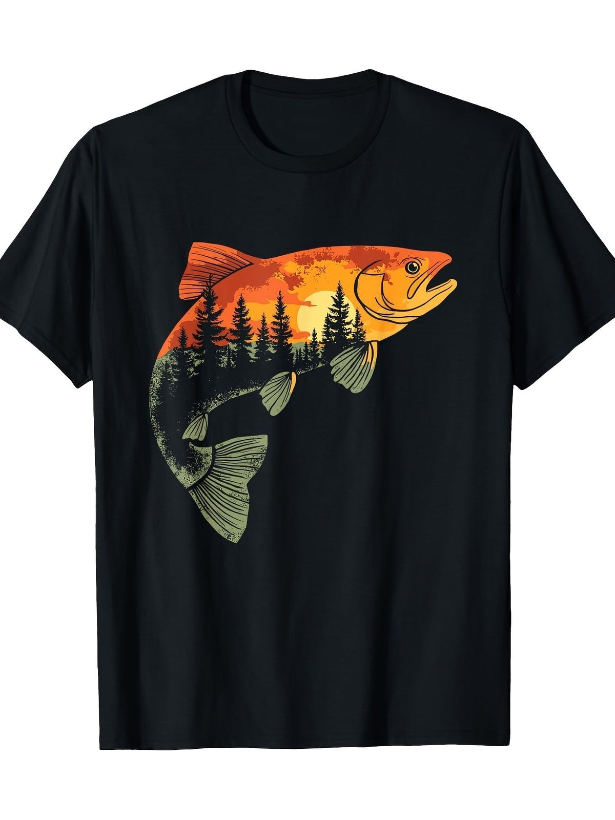 Jumping Trout Fishing Graphic Tee for Men Women, Vintage Sunset River Forest Outdoor Short Sleeve T-Shirt, Casual Crew Neck Top for Angler Fishing Camping Gift