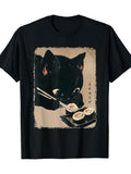 Kawaii Japanese Anime Cat Eating Sushi Graphic Tee for Men Women, Cute Neko Kitty Short Sleeve T-Shirt, Casual Crew Neck Top for Cat Lover Gift