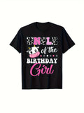 No Of The Birthday Girl Cow Print Graphic Tee for Women, Funny Birthday Party Short Sleeve T-Shirt, Casual Crew Neck Top with Cow Balloon Design