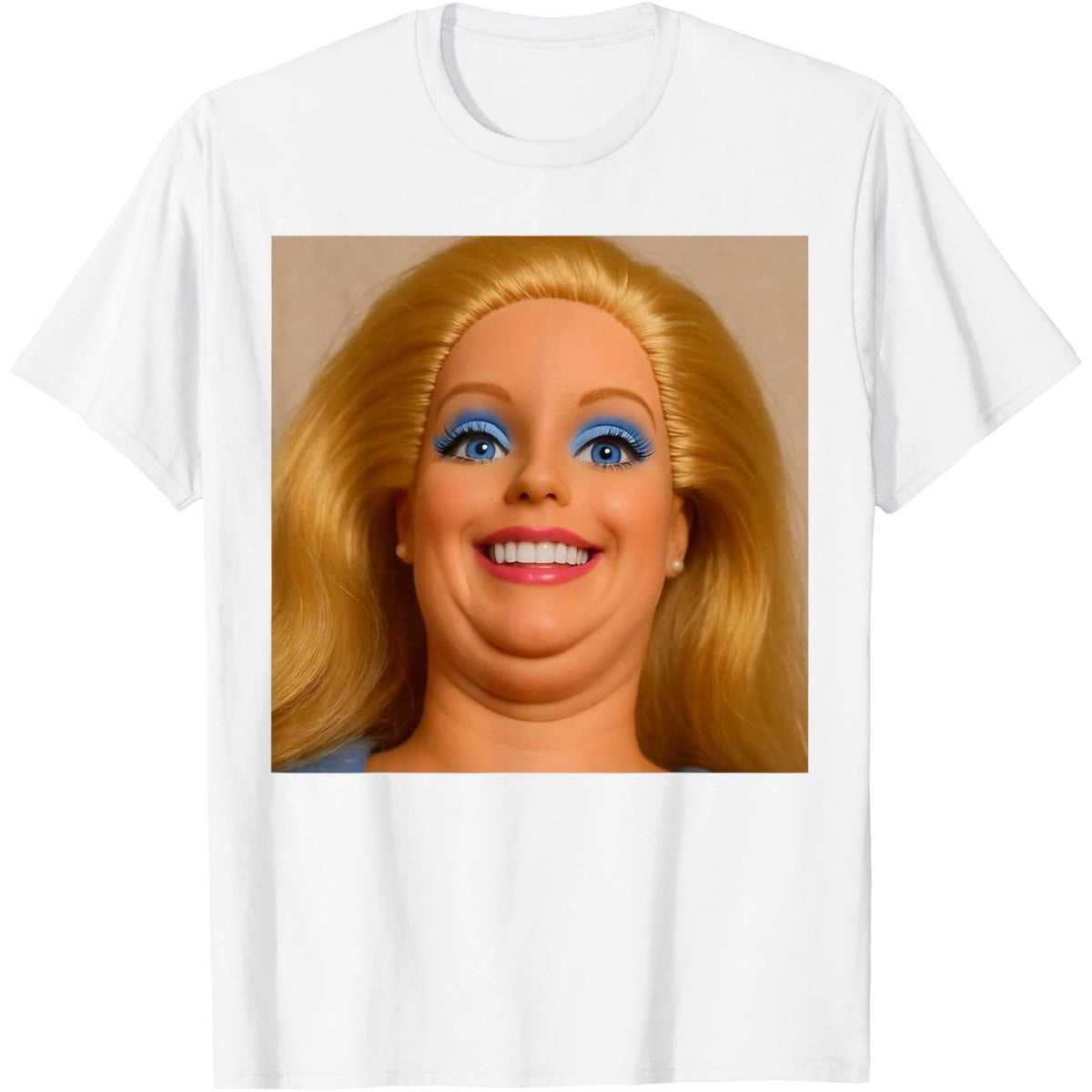 Funny Double Chin Doll Face Meme Expression Hilarious Gen Z Humor Graphic Tee for Men Women, Cute Creepy Doll Pattern Short Sleeve T-Shirt, Casual Crew Neck Top for Daily Wear