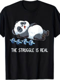The Struggle Is Real Lazy Panda Weightlifting Graphic Short Sleeve T-Shirt, Unisex Crew Neck Cotton Tee, All Season Funny Fitness Gym Humor Top, Novelty Casual Wear For Workout Enthusiasts