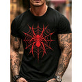 Red Spider Web Graphic Crew Neck T-Shirt, Gothic Arachnid Print Short Sleeve Casual Tee for Men Streetwear Top