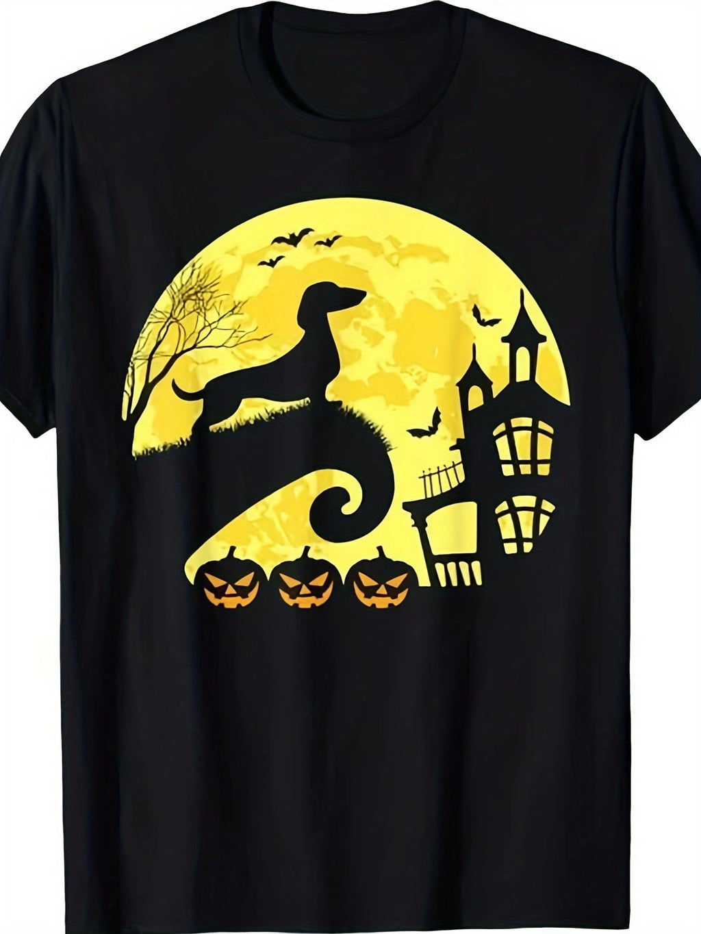 Halloween Dachshund Weenie Wiener Sausage Dog Graphic Tee for Men Women, Cute Jack O Lantern Bat Short Sleeve T-Shirt, Casual Crew Neck Top for Doxie Lover Gift