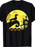 Halloween Dachshund Weenie Wiener Sausage Dog Graphic Tee for Men Women, Cute Jack O Lantern Bat Short Sleeve T-Shirt, Casual Crew Neck Top for Doxie Lover Gift