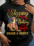 Stepping Into My Birthday With God's Grace And Mercy Christian Faith Graphic Tee for Men Women, Inspirational Birthday Short Sleeve T-Shirt, Casual Crew Neck Top for Birthday Gift