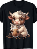 Cute Scottish Highland Cow Leopard Bow Iced Coffee Graphic T-Shirt, Unisex Cotton Crew Neck Short Sleeve Tee, Funny Farm Animal Casual Novelty Shirt, Gift For Cow And Coffee Lovers