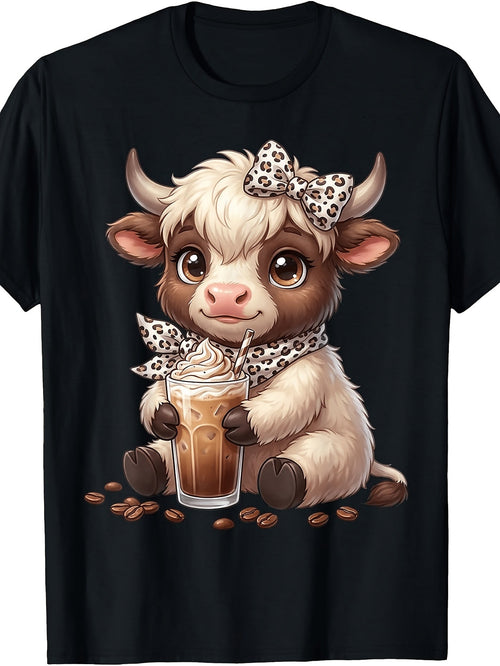 Cute Scottish Highland Cow Leopard Bow Iced Coffee Graphic T-Shirt, Unisex Cotton Crew Neck Short Sleeve Tee, Funny Farm Animal Casual Novelty Shirt, Gift For Cow And Coffee Lovers