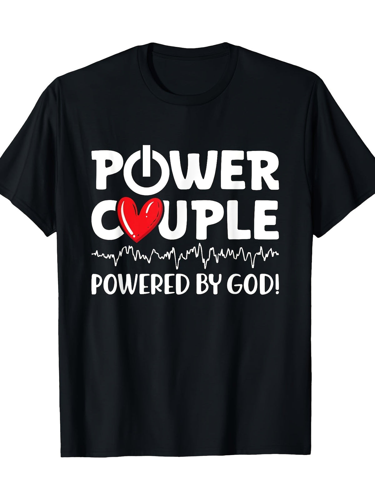 Power Couple Powered By God Christian Faith Graphic Tee for Men Women, Inspirational Couple Short Sleeve T-Shirt, Casual Crew Neck Top for Couples Gift