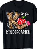 K Is For Kindergarten Teacher Graphic Tee for Men Women, Leopard Print Back To School Short Sleeve T-Shirt, Casual Crew Neck Top for Kinder Teacher Gift