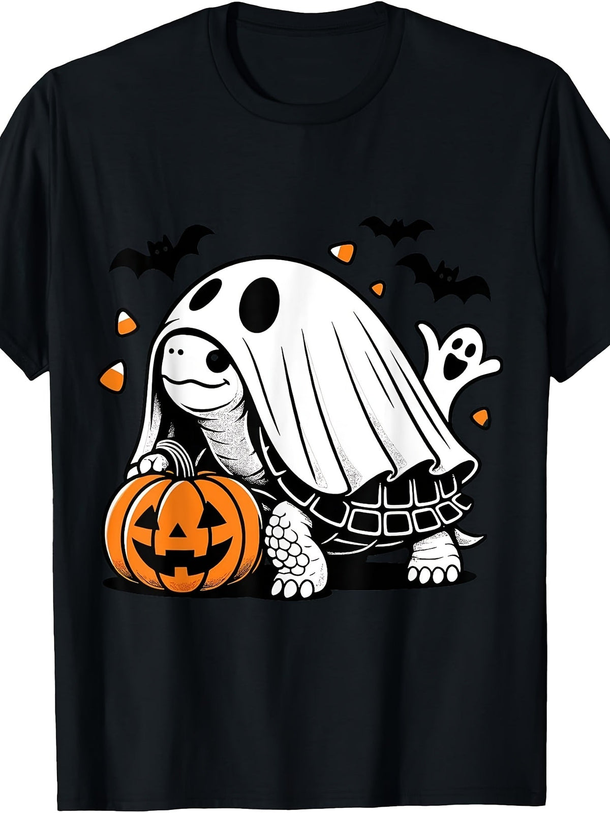 Halloween Ghost Turtle Pumpkin Candy Graphic T-Shirt, Unisex Cotton Crew Neck Short Sleeve Tee, Cute Retro Tortoise Casual Novelty Shirt, Gift For Halloween And Turtle Lovers