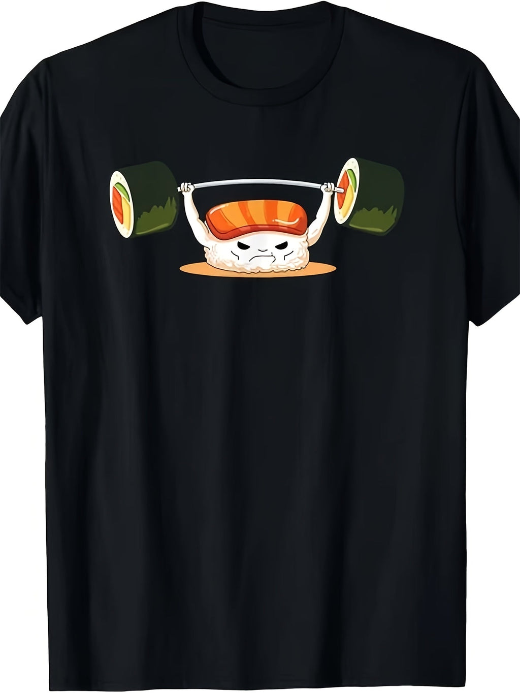 Funny Cute Weightlifting Salmon Sushi Graphic T-Shirt, Unisex Soft Cotton Crew Neck Top, All Season Funny Gym Tee, Casual Workout Outfit for Fitness Fans and Japanese Sushi Lovers