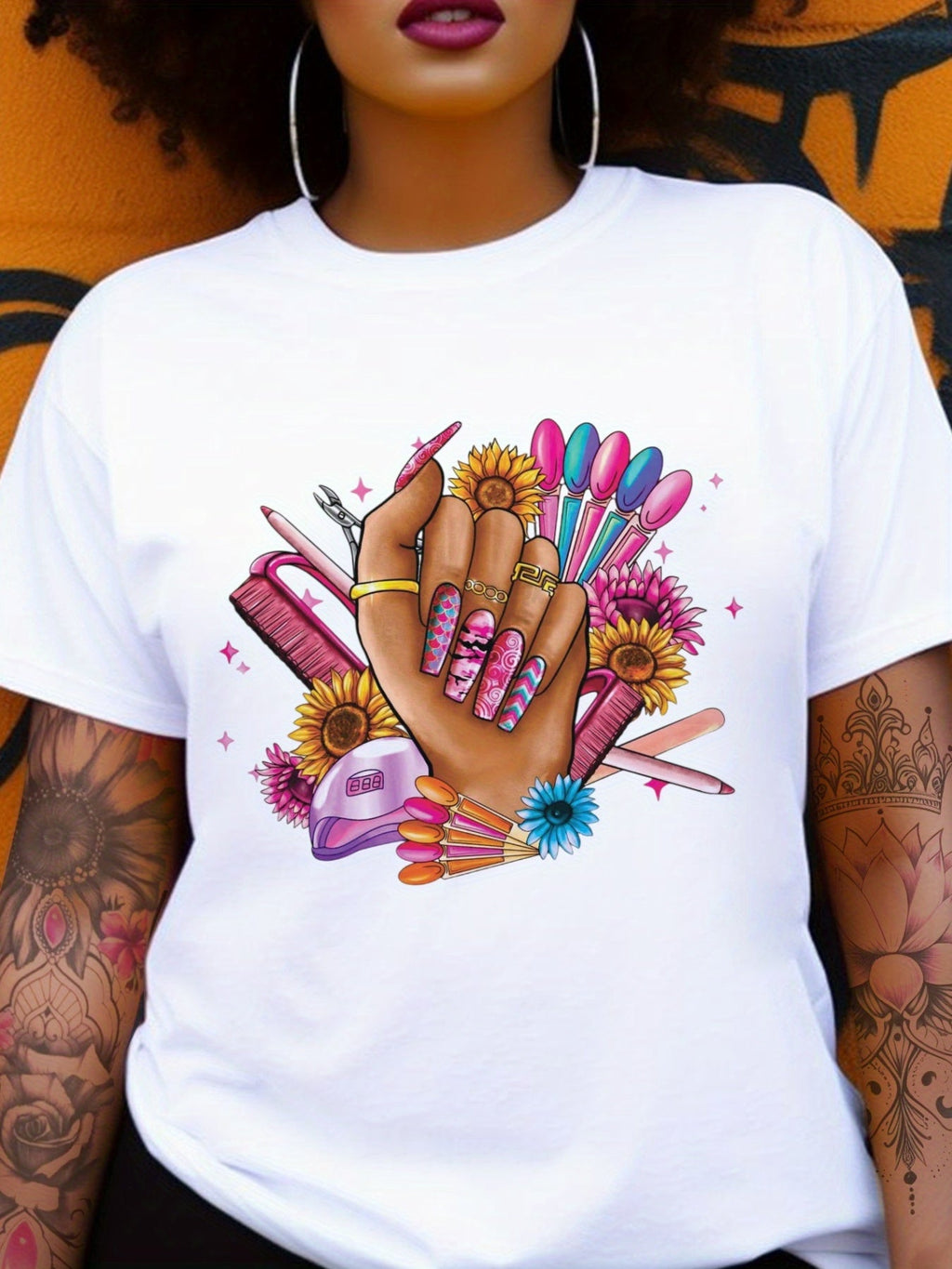 Floral Nail Polish Bottle Beauty Graphic Tee for Men Women, Cute Salon Nail Tech Short Sleeve T-Shirt, Casual Crew Neck Top for Nail Artist Gift