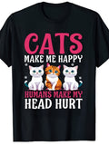 Cats Make Me Happy Humans Make My Head Hurt Graphic Tee for Women, Funny Cat Lover Short Sleeve T-Shirt, Casual Crew Neck Top for Daily Wear