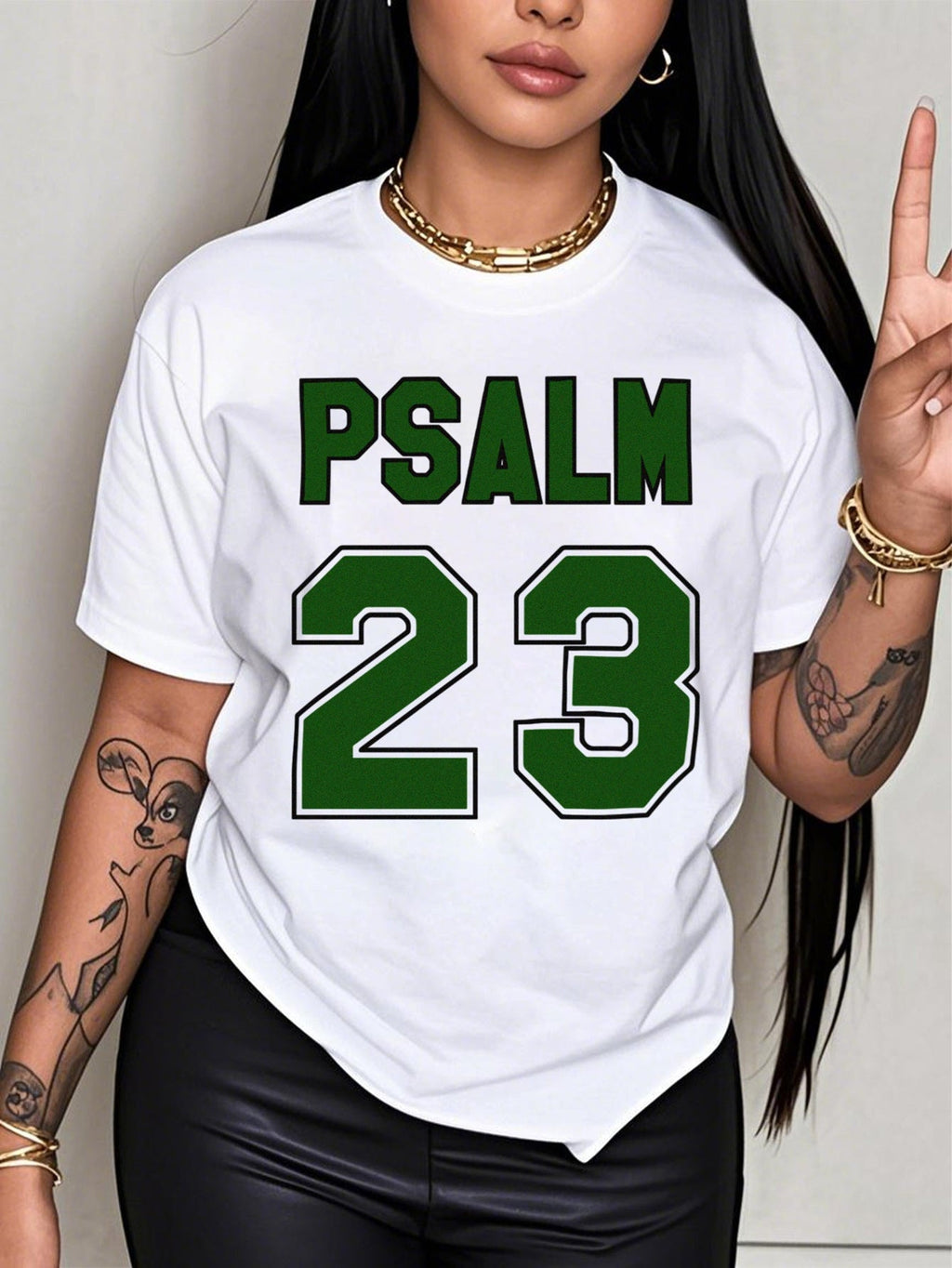 Psalm 23 Bible Verse Christian Faith Green Letter Graphic Tee for Men Women, Inspirational Scripture Short Sleeve T-Shirt, Casual Crew Neck Top for Church Gift