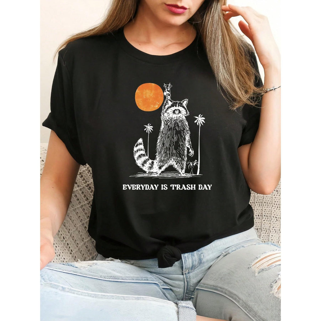 Raccoon Print T-ShirtRaccoon Letter Print Casual T-Shirt Round Neck Short Sleeve TShirt Women's Top