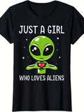 Unisex Retro Alien Graphic T-Shirt - Just A Girl Who Loves Aliens Funny Space Graphic Tee for Men Women, Cute UFO Sci Fi Short Sleeve T-Shirt, Casual Crew Neck Top for Alien Lover Gift