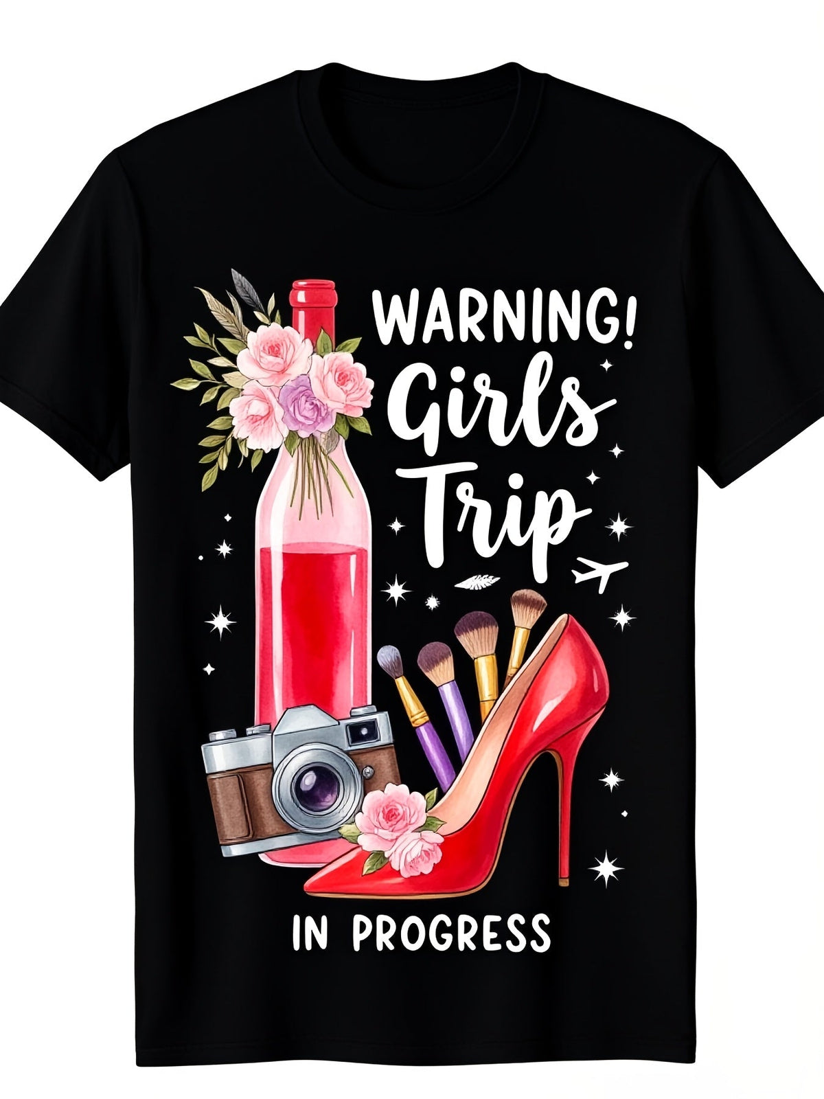 Retro Floral Wine Camera Girls Trip Graphic Tee, All Season Short Sleeve Shirt, Fun Vacation Gift, Casual Top for Bachelorette Party and Women Travel Group