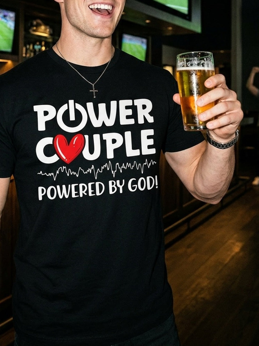 Power Couple Powered By God Christian Faith Graphic Tee for Men Women, Inspirational Couple Short Sleeve T-Shirt, Casual Crew Neck Top for Couples Gift