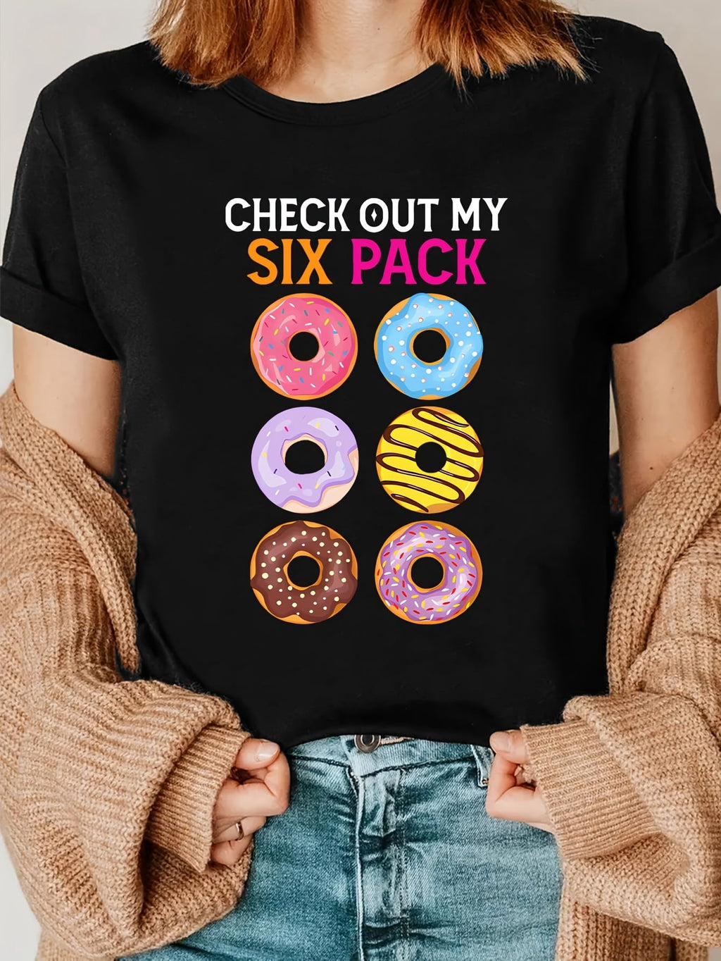 Check Out My Six Pack Funny Donut Graphic Tee for Men Women, Cute Gym Food Short Sleeve T-Shirt, Casual Crew Neck Top for Fitness Lover Gift