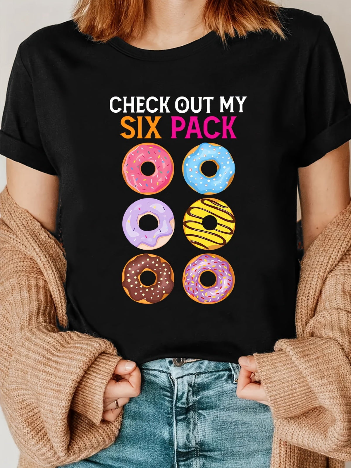 Check Out My Six Pack Funny Donut Graphic Tee for Men Women, Cute Gym Food Short Sleeve T-Shirt, Casual Crew Neck Top for Fitness Lover Gift