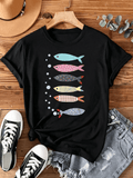 Colorful Fish Graphic T‑Shirt for Women, Casual Crewneck Short Sleeve Tee, Ocean Sea Creature Art Print Everyday Tops