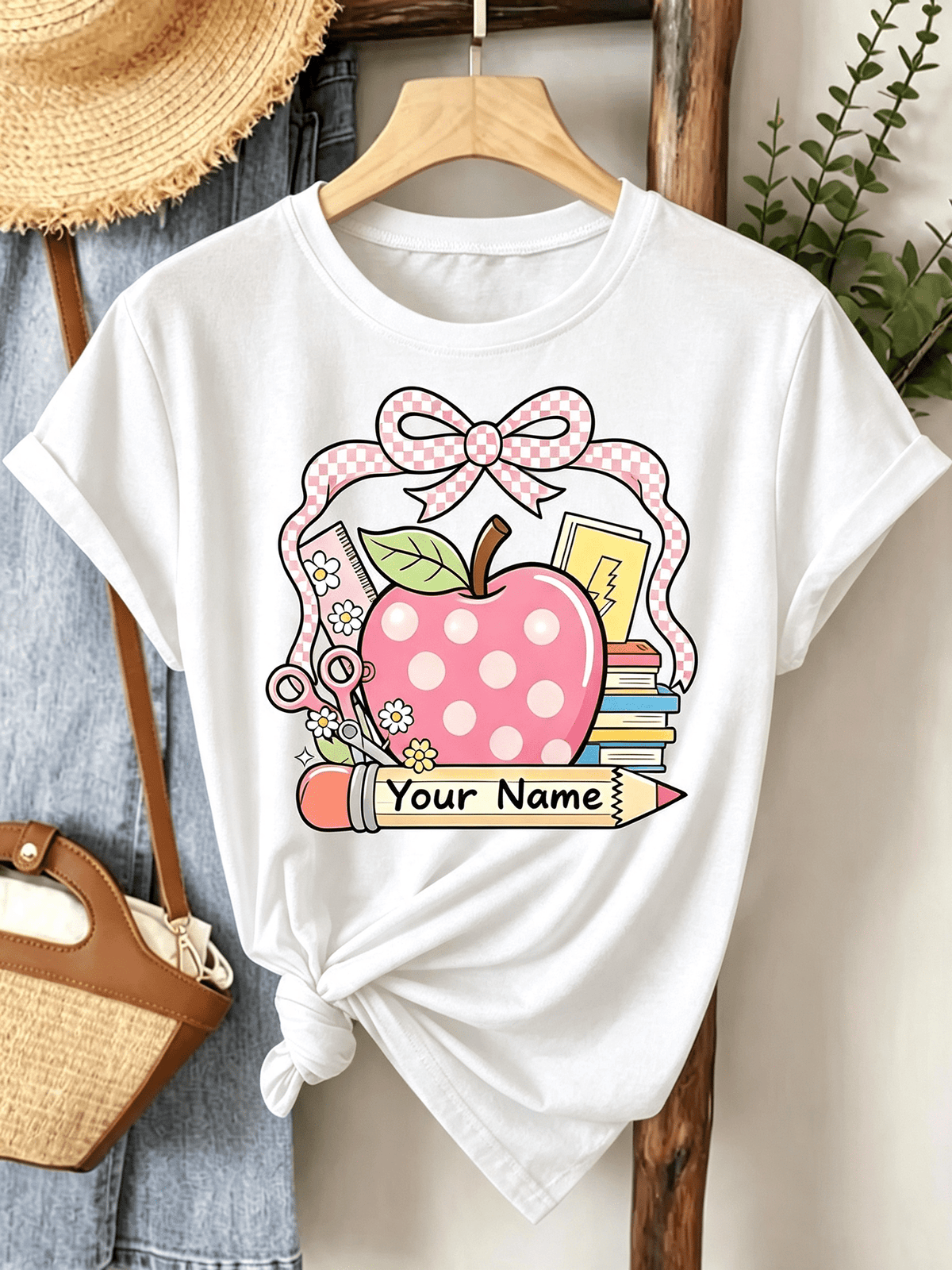Custom Teacher Graphic T‑Shirt, Personalized Name Coquette Apple Bow School Supplies Print Casual Crewneck Short Sleeve Tee for Women Teacher Appreciation Gift