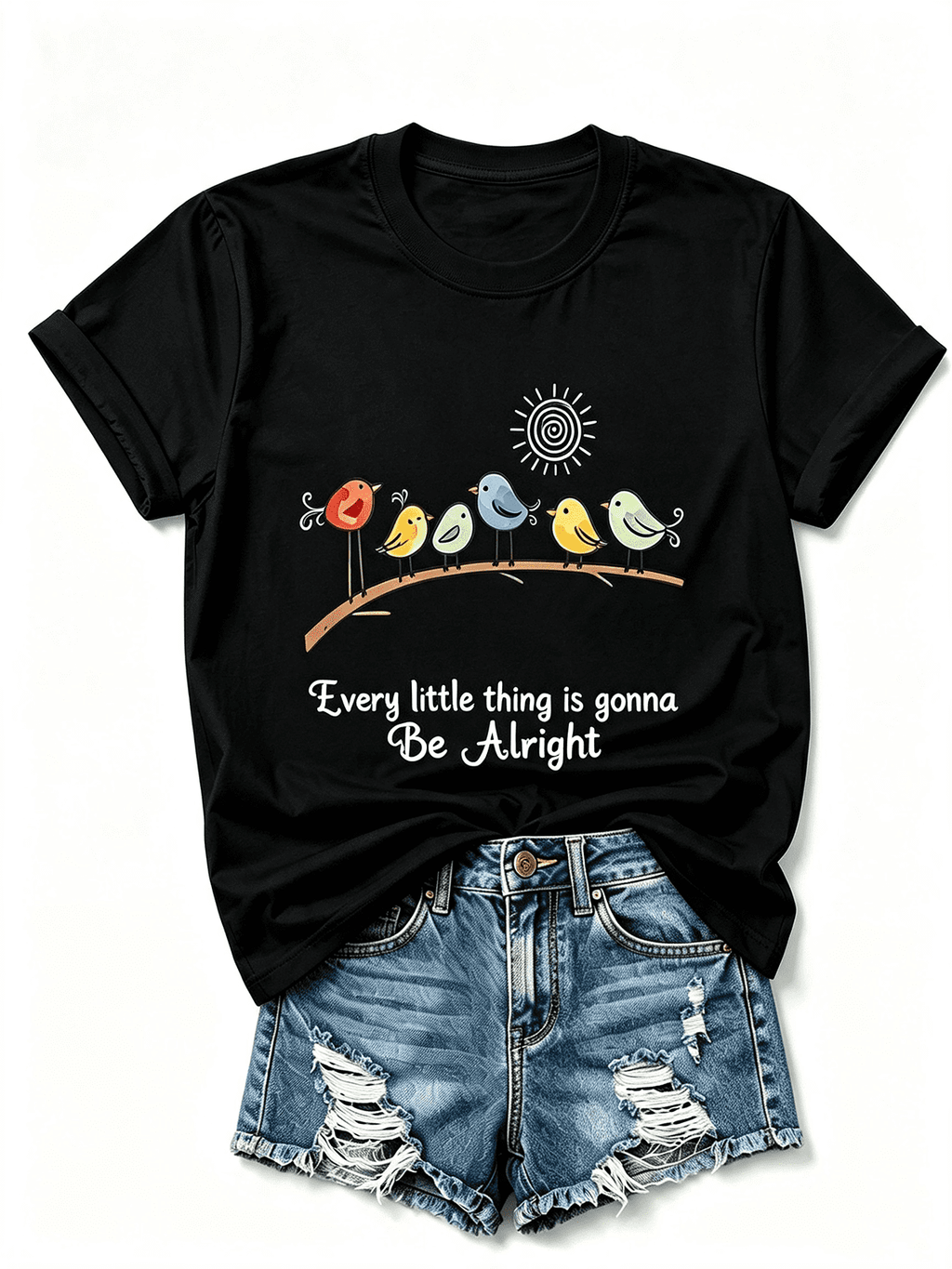 Cute Colorful Birds Sun Graphic T‑Shirt for Women, Positive Quote Casual Short Sleeve Crewneck Tee