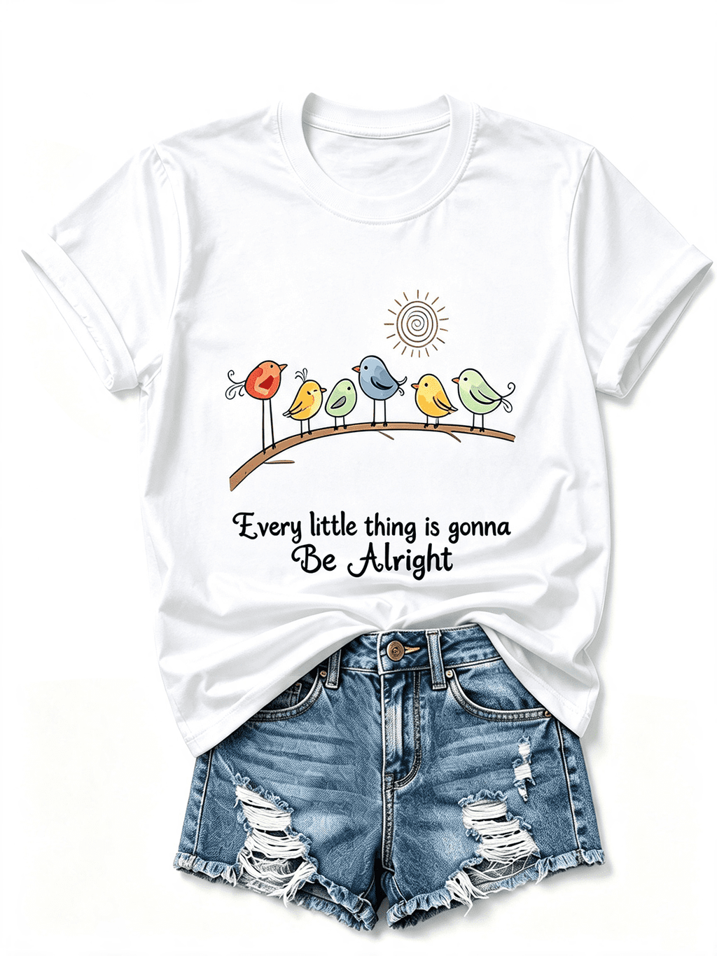 Cute Colorful Birds Sun Graphic T‑Shirt for Women, Positive Quote Casual Short Sleeve Crewneck Tee