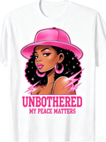 Cute Pink Cap Curly Black Queen Women’s T-Shirt, Unbothered Positive Peace Quote Graphic Tee, Trendy Casual Crew Neck Short Sleeve Top, Inspirational Fashion Gift For Ladies Summer Everyday Outfit