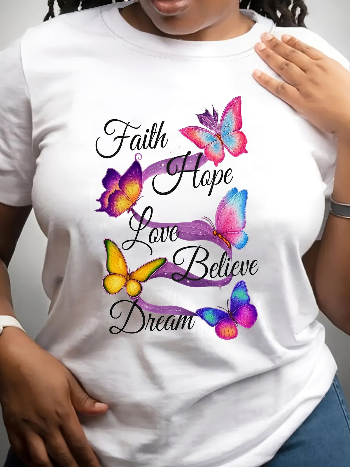 Faith Hope Love Believe Dream Graphic Tee for Women, Inspirational Butterfly Floral Print Short Sleeve T-Shirt, Casual Crew Neck Top for Daily Wear
